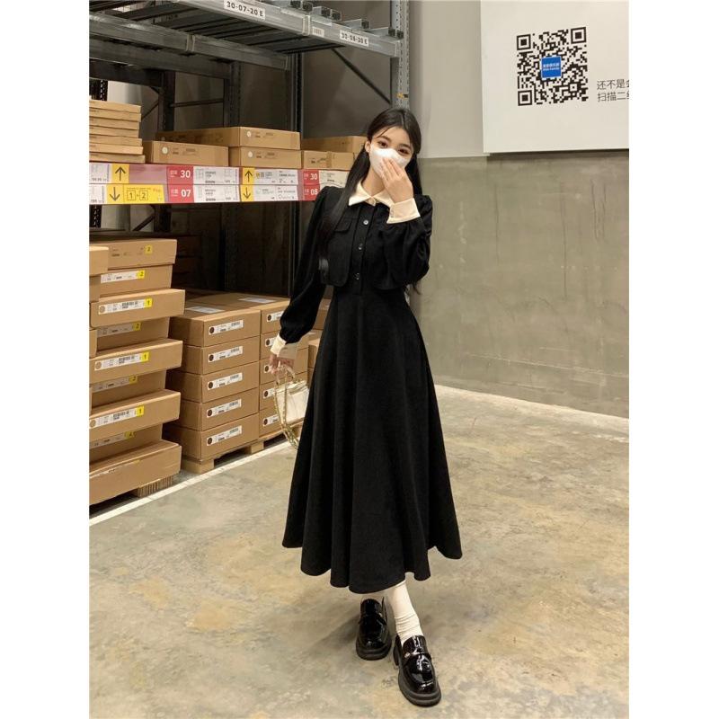 Contrast Color Lapel Temperament Waist Line Fake Two-piece Skirt High-end Niche Corduroy Dress Women