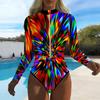 Women Long Sleeve One Piece Swimsuit Zip Front  Spiral Tie Dye Print Rash Guard Surfing Bathing Suit