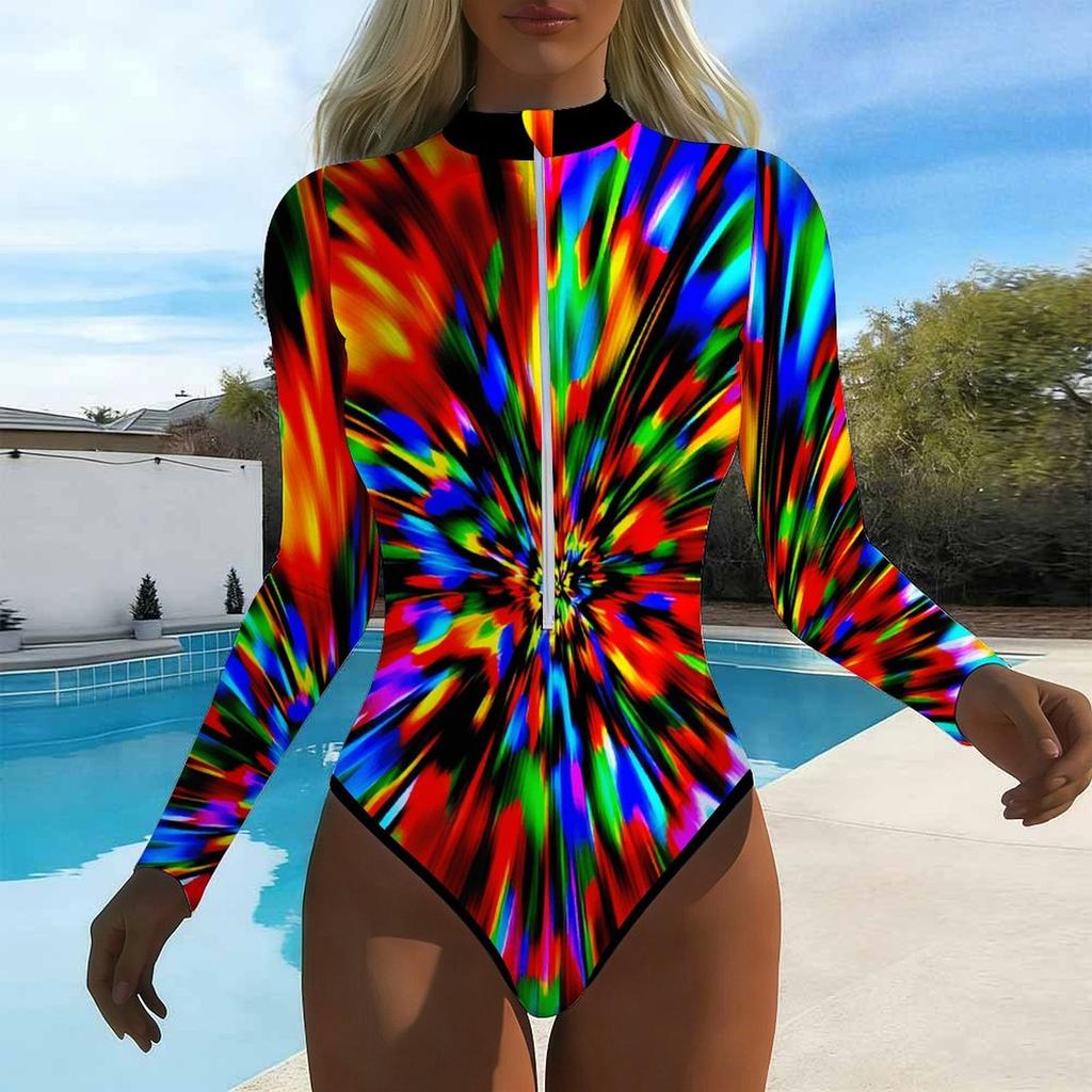 Women Long Sleeve One Piece Swimsuit Zip Front Spiral Tie Dye Print Rash Guard Surfing Bathing Suit