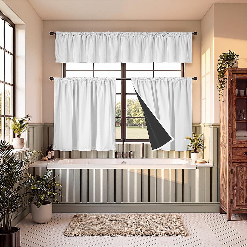 3 Piece Blackout Kitchen Curtain Set With Valance And Tier Curtains Rod Pocket Polyester Privacy Protection Soft Washable