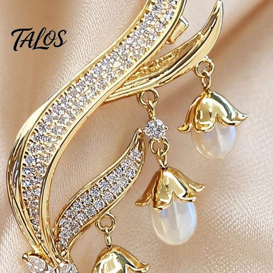 Talos Brooch Pin, Imitation Pearl Flowers Lapel Pin with Sparkling Cubic Zirconia, Flower Tassel Drape Design Badge for Suits Dresses Bags Daily Wear
