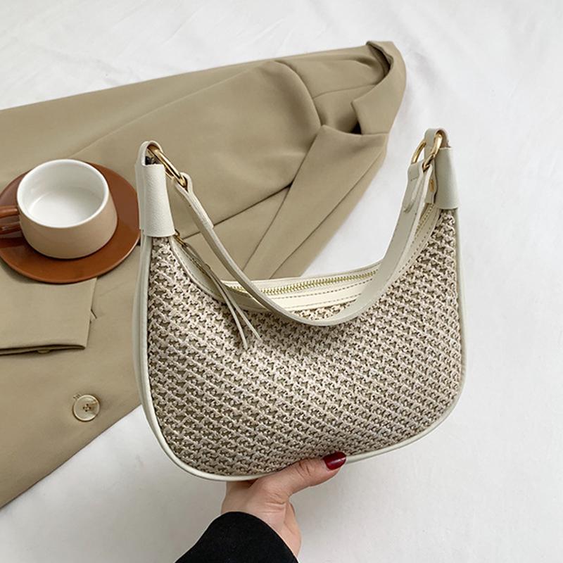 

Yogodlns Сумки-хобо из соломы в виде полумесяца для женщин, роскошная дизайнерская однотонная летняя пляжная модная сумка через плечо 22x5x19cm бежевый