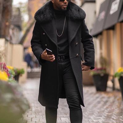Pánsky vlnený kabát slim fit s dvojradovým zapínaním a kožušinovým golierom - Európsky a americký štýl