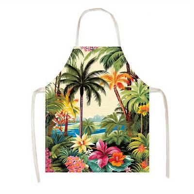 1pc Tropical Palm Tree Beach Scenery Apron Linen Summer Vacation Theme Kitchen Cooking Apron Hawaiian Style Home Decor Gift