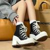 Scarpe Alte Piattaforma in Tela Retro Nuove Donna Tacco Spesso High Top Punta Tonda Impermeabili Sneakers Casual con Cinturino Sottile a Fibbia