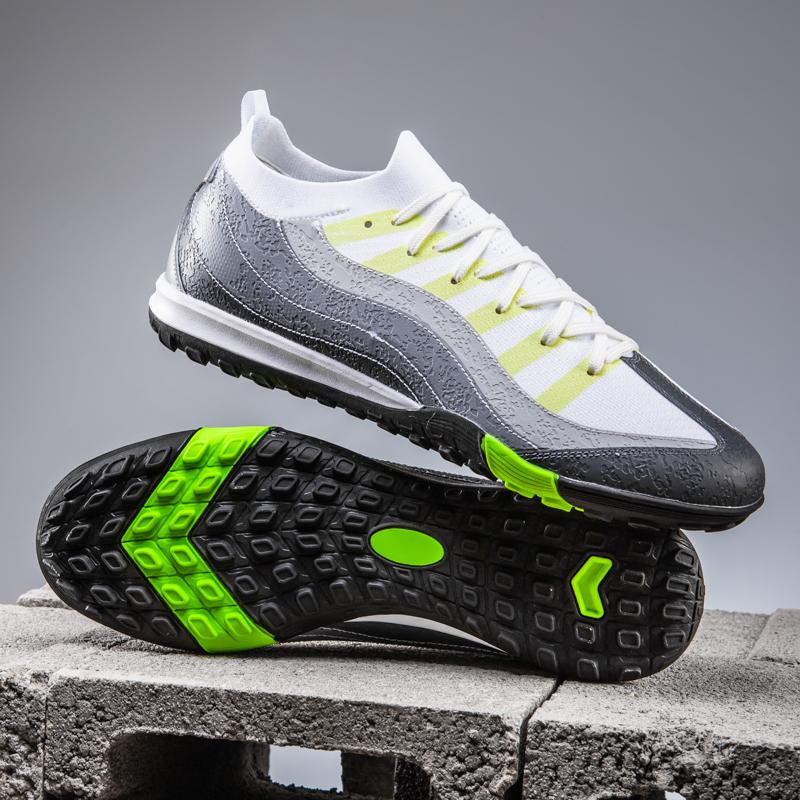 Five-sided high-rise indoor flat football shoes, suitable for men and women, with a non-slip design.