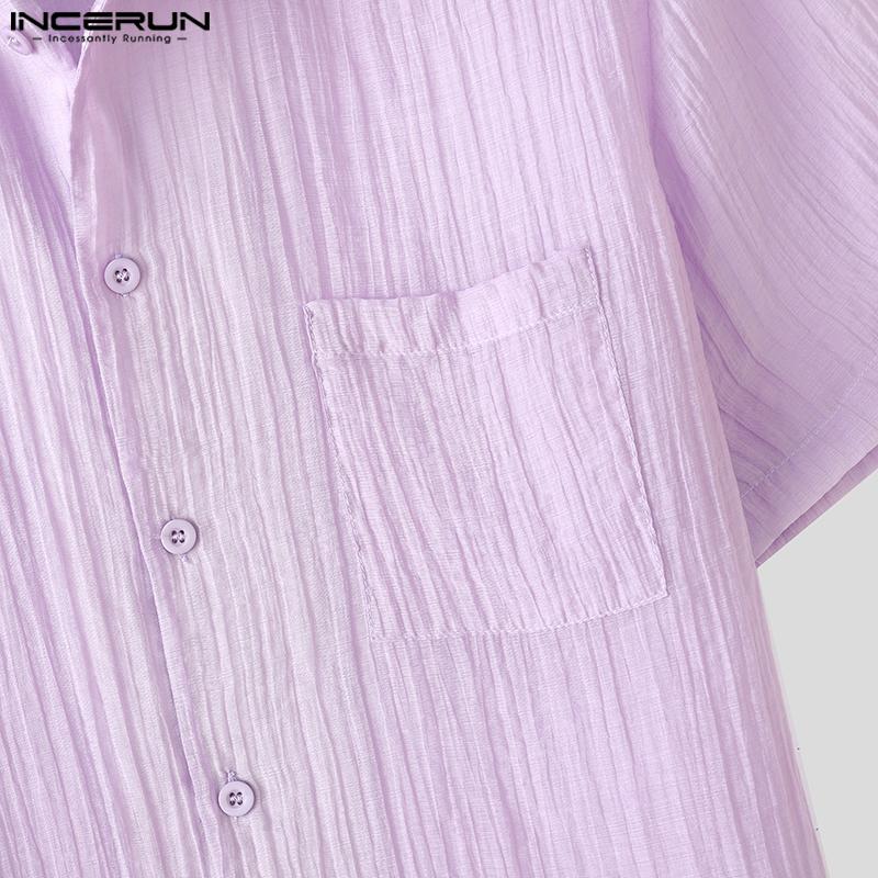 INCERUN Herren Sommer Reverskragen Halbtransparent Einfarbig Textur Lässige Hemden
