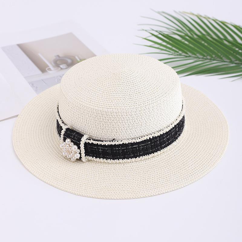Summer Xiaoxiangfeng Flat Top Hat Ladies Elegant Pearl Rhinestone Sunshade Sunscreen Hat Travel Fashion Straw Hat Pearl