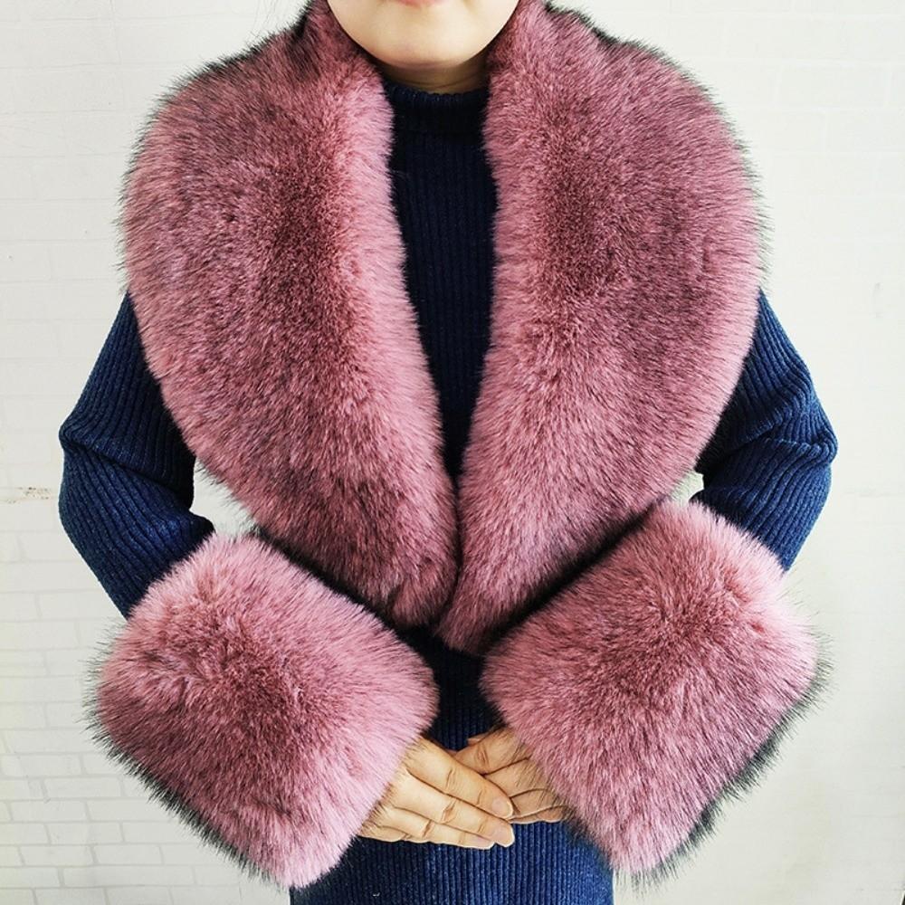 Oversized Fur Cuff Set V Shape Fur Trim Accessories Fluffy Shawl Collar Wrap Overcoat Matching
