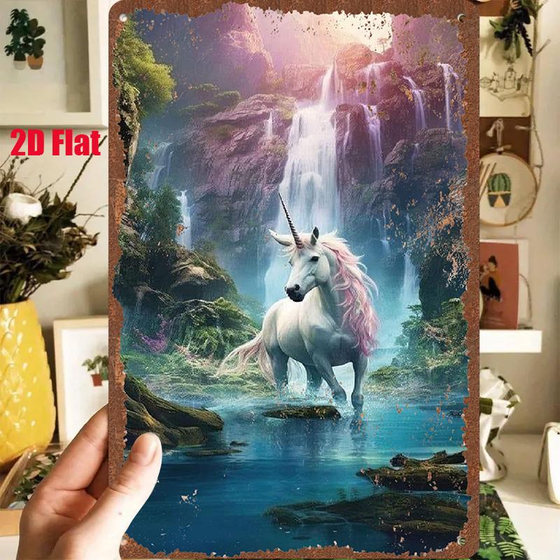 D Flat pc D Flat Metal Sign Dreamy Unicorn And Waterfall XInXCm Featuring an Elegant White Unicorn Standing in