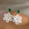 Sweet Romantic White Stereo Five Petals Flower Pendant Green Drip Glaze Square Dangle Earrings for Women Fashion Retro Jewelry