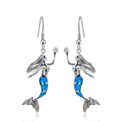 Enchanted Mermaid Opal Drop Earrings - Blue Fire Opal Tail & CZ Accent Design | Fairy-Tale Ocean Jewelry Bulk Gifts