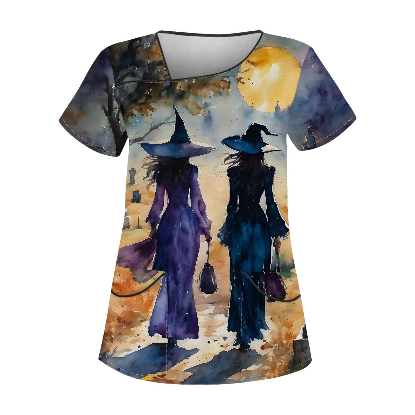 

Женская рабочая одежда с принтом на Хэллоуин, косым воротником и двухслойными карманами, базовые топы, пуловер синий