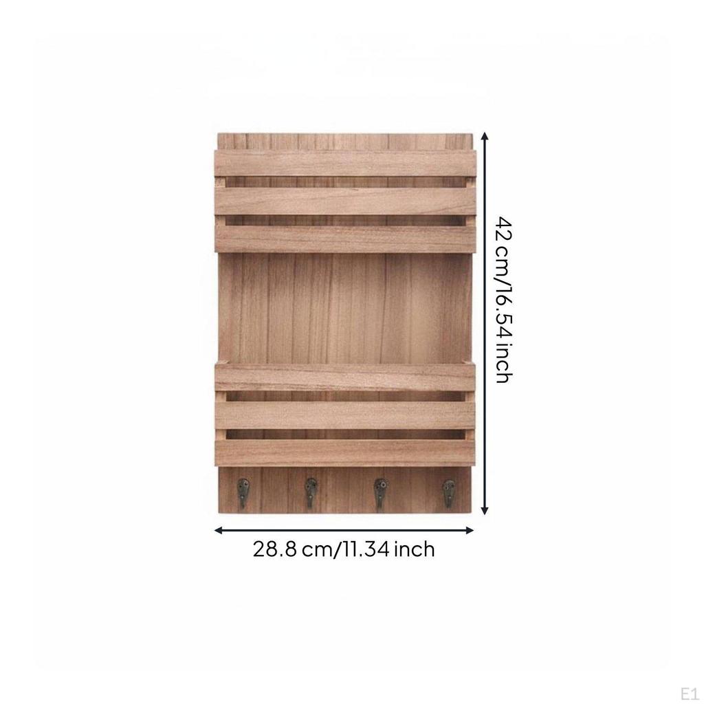 Wood Mail Organizer Double Layer Key Rack with Hooks Wooden Wall Holder for Entryway, Hallway,
