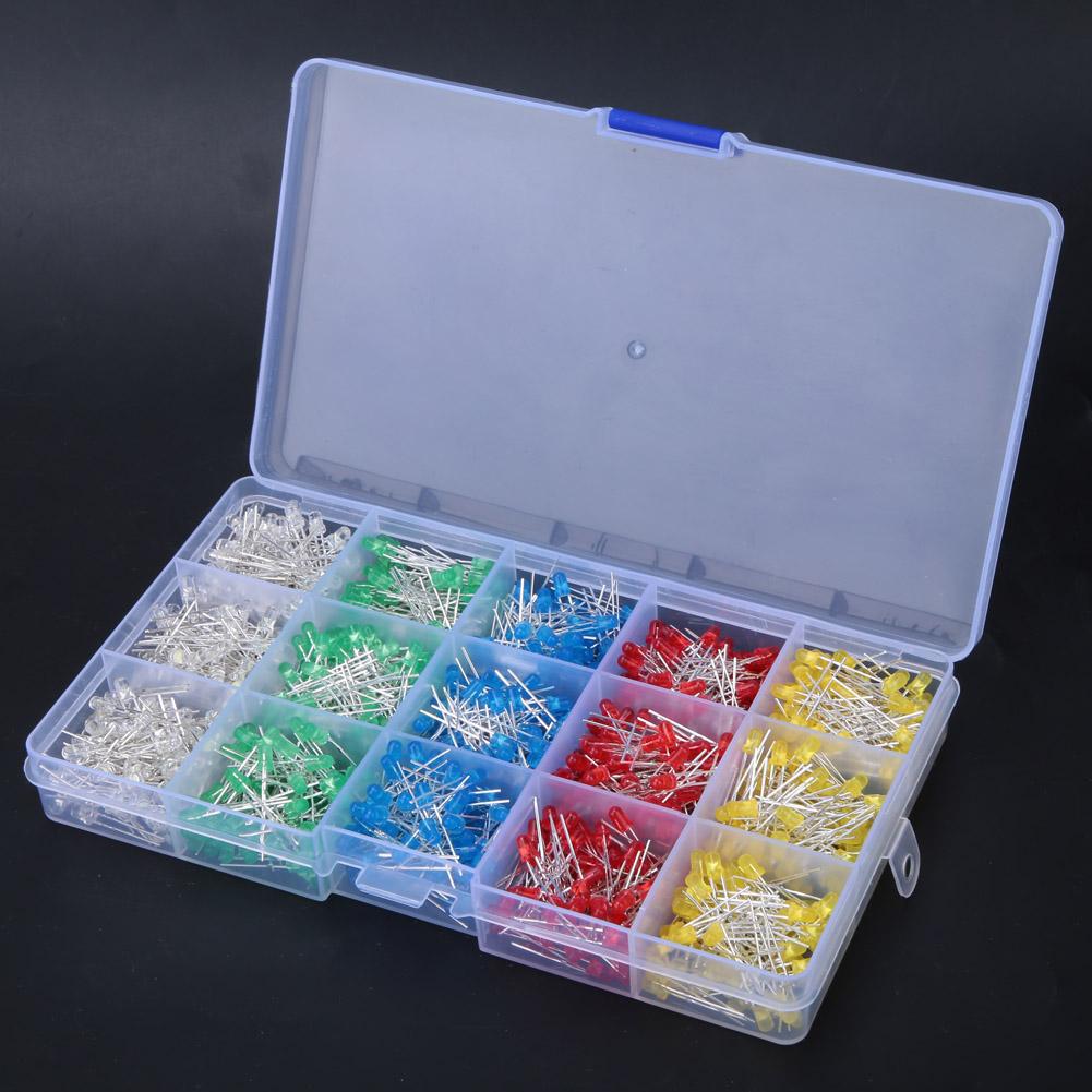 1000Pcs Assorted Color Red Yellow Blue Green White 3mm LED Light Emitting Diode Kit Box