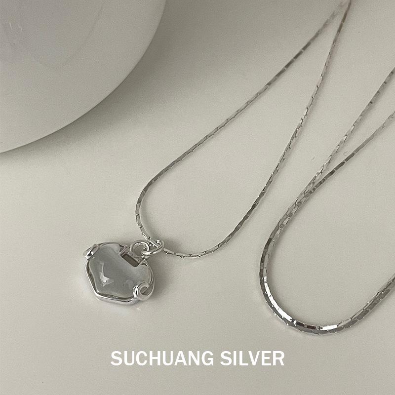 Sterling Silver White Chalcedony Peace Lock Pendant Necklace - Light Luxury  Versatile Clavicle Chain S925 Silver серебряный