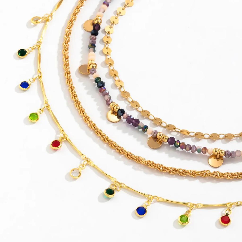 4Pcs/Set Boho Colorful Crystal Sequin Tassel Pendant Choker Necklace for Women Trendy Summer Vintage OT Buckle Chain Y2K Zircon