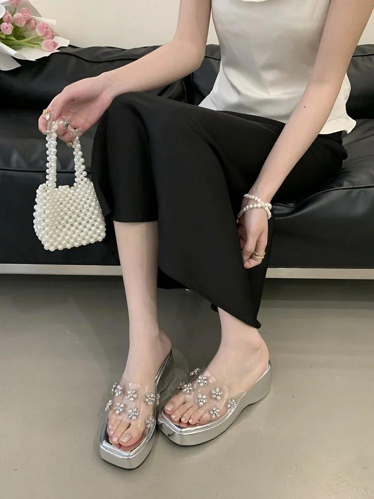 Eilyken Summer CRYSTAL Flower PVC Transparent Women Slippers Solid Platform Wedges Heels Square Toe Sandals Shoes