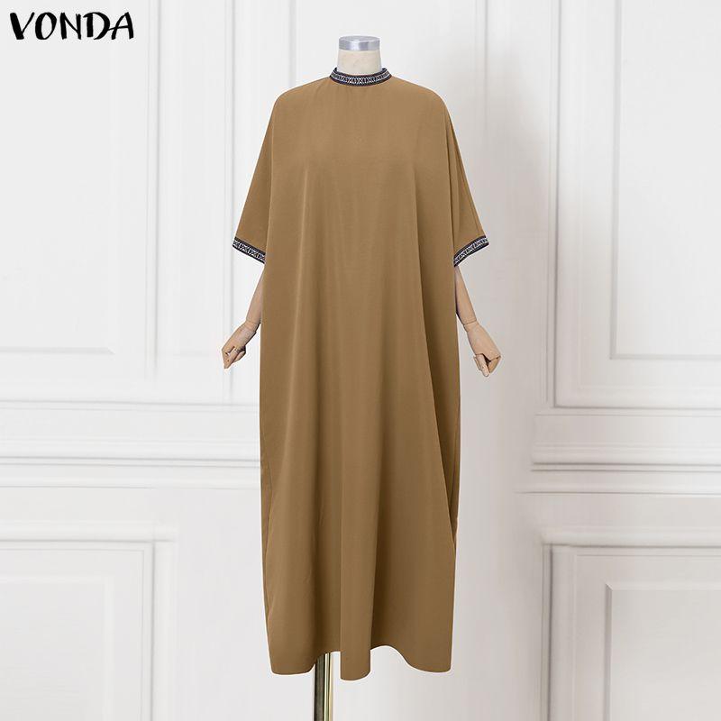 VONDA Women Casual Round Neck 3/4 Sleeve Splicing Casual Baggy Long Maxi Swing Dress