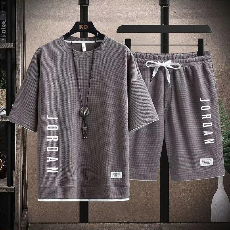 Stylish casual T-shirt + Shorts set Men's sports set Loose comfortable low Run 2025 men's summer Waffle suit