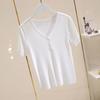 Women Ice Silk Short Sleeve Knitted V Neck T Shirt Versatile Pullover Simple Top