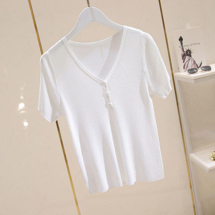 Women Ice Silk Short Sleeve Knitted V Neck T Shirt Versatile Pullover Simple Top
