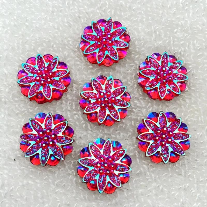 20pcs 18mm Round Flower AB Resin Crystal Strass Applique and  2 Holes Buttons for Diy Clothing - HA27