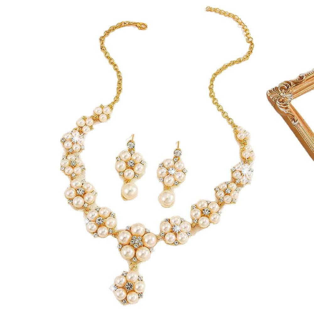 2026 Vintage Flower Pearl Necklace Earrings Two-piece Design Premium Bridal Wedding Jewelry Set
