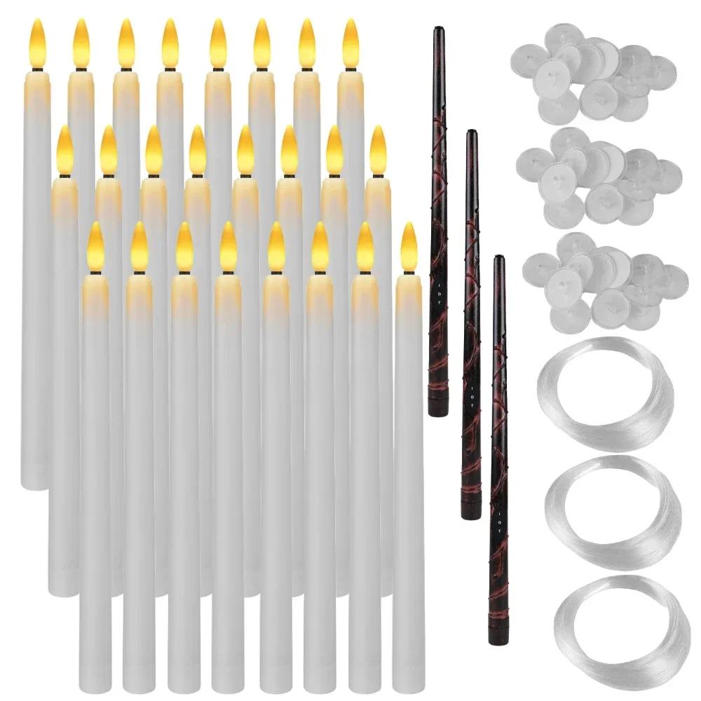 12/48Pcs Floating Candles with Magic Wand Flickering Warm Light LED Flameless Candle Taper Candles for Christmas Halloween Party