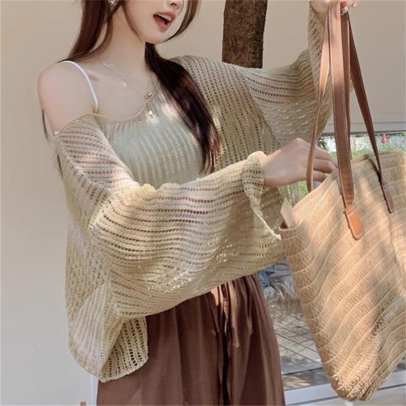 Sommer-Strickhemd mit Farbverlauf, langärmelig, hohl, Sonnenschutz, lockere Fledermausärmel, dünne Optik, Schlankheitsoberteil