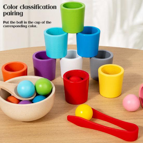 1 Set Wooden Color Sorting Cup Fine Motor Skills 10 Colors Ball Matching