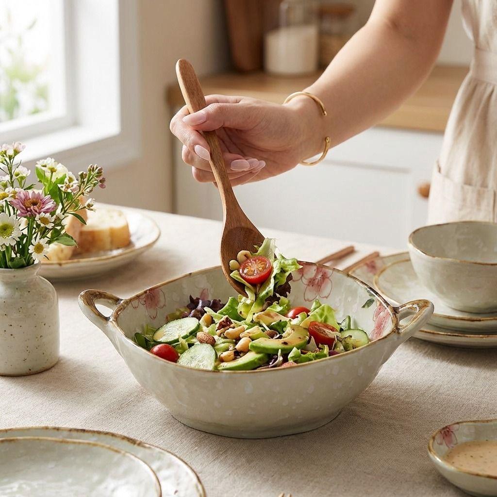 Japanese Irregular Ceramic Bowl with Double Handles, Soup Noodle Salad Fruit Serving Bowl for Home Tableware