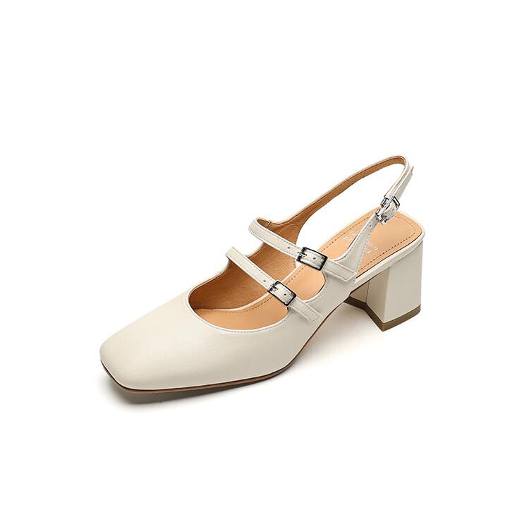 

Модные летние сандалии Мэри Джейн с квадратным носком, на высоком каблуке, с закрытым носком и ремешком на пятке, римские сандалии для женщин, женские сандалии из спилковой кожи 40 бежевый