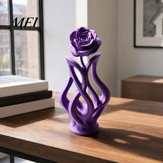 One-piece 3D Printed Vase Rose Sculpture, Hollow Floral Art Figurine with Matte Finish, Bookshelf Decor Piece Minimalist Desk for Living Room Entryway