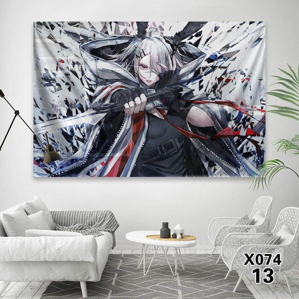 Дома висит аниме-гобелен Arknights. 75x100 чёрный