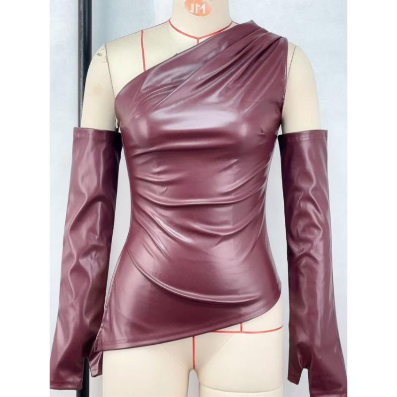 Women's Clothing Sexy Slanted Collar Off-Shoulder Irregular PU Leather Vest Women's Top Sleeve Cover