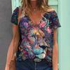 Summer V-neck 3D Animal Pattern Printed Top Fashionable Casual Short Sleeved Women's T-shirts