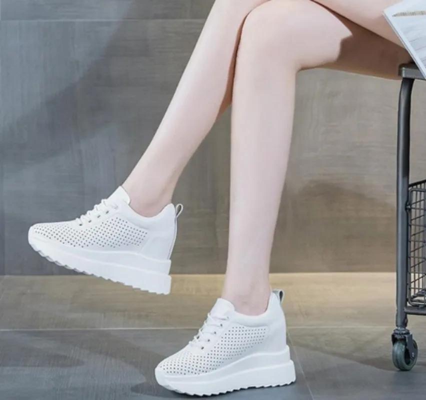 Fashion Hot quality10cm Genuine Leather Vulcanized Platform Wedge Casual Women Summer Shoes Fashion Sneakers Hollow Heels Increase Shoes