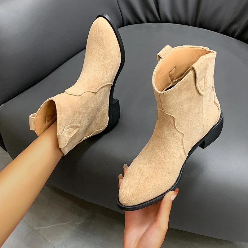 4.5cm High Heel Boots Soft Suede Solid Color Women Autumn Shoes Mid-Calf Breathtable Motorcycle Boots Plus Size 43