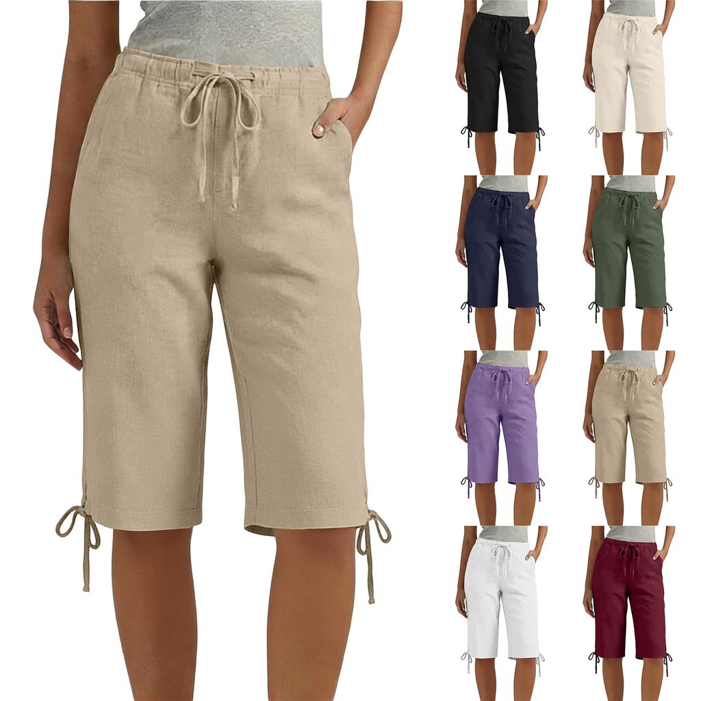 Ladies' casual and fashionable loose waist drawstring five quarter pants with pockets
