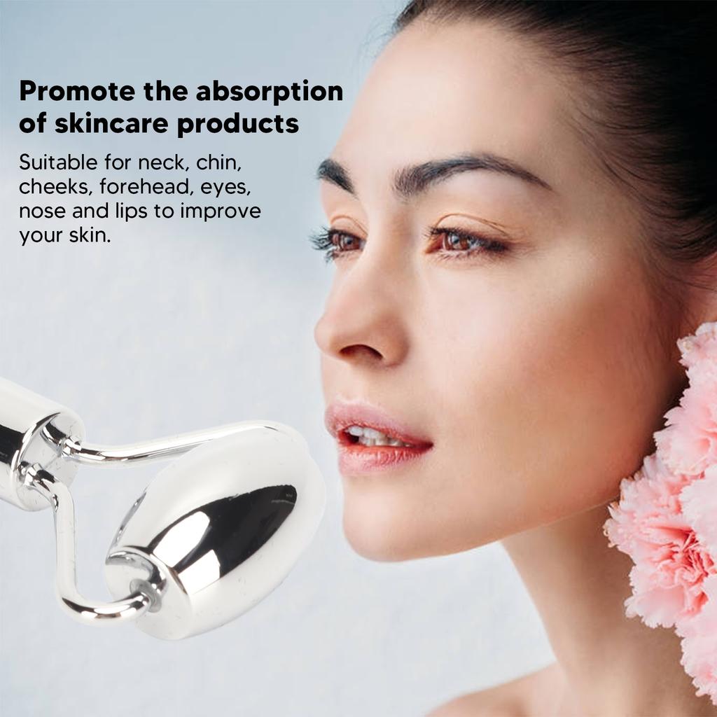 Facial Roller Gua Sha Board Double Heads Reduce Swelling Zinc Alloy Facial Massage Roller Set Silver