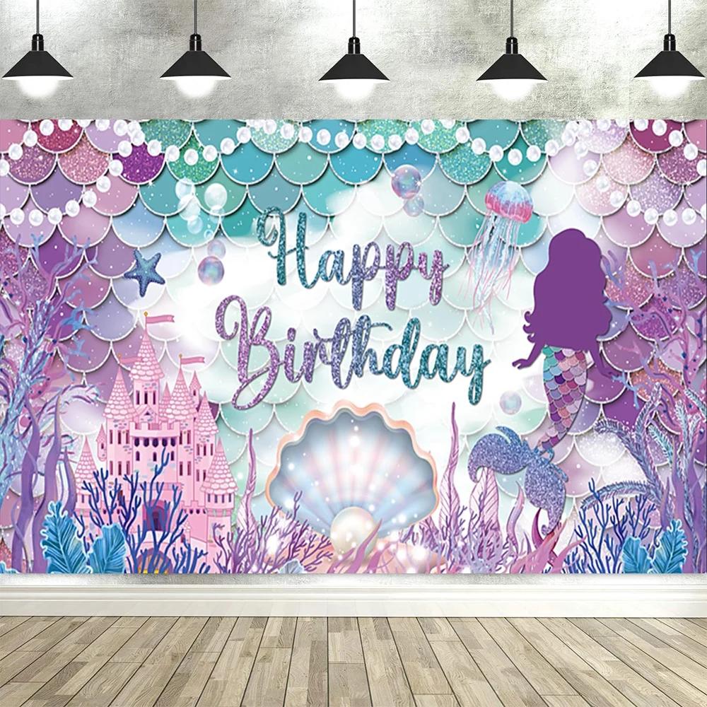 Mermaid Princess Theme Backdrop – Baby Girl'S Birthday Party Decor, Baby Shower Photography Banner & Props Supplies-Tapestry