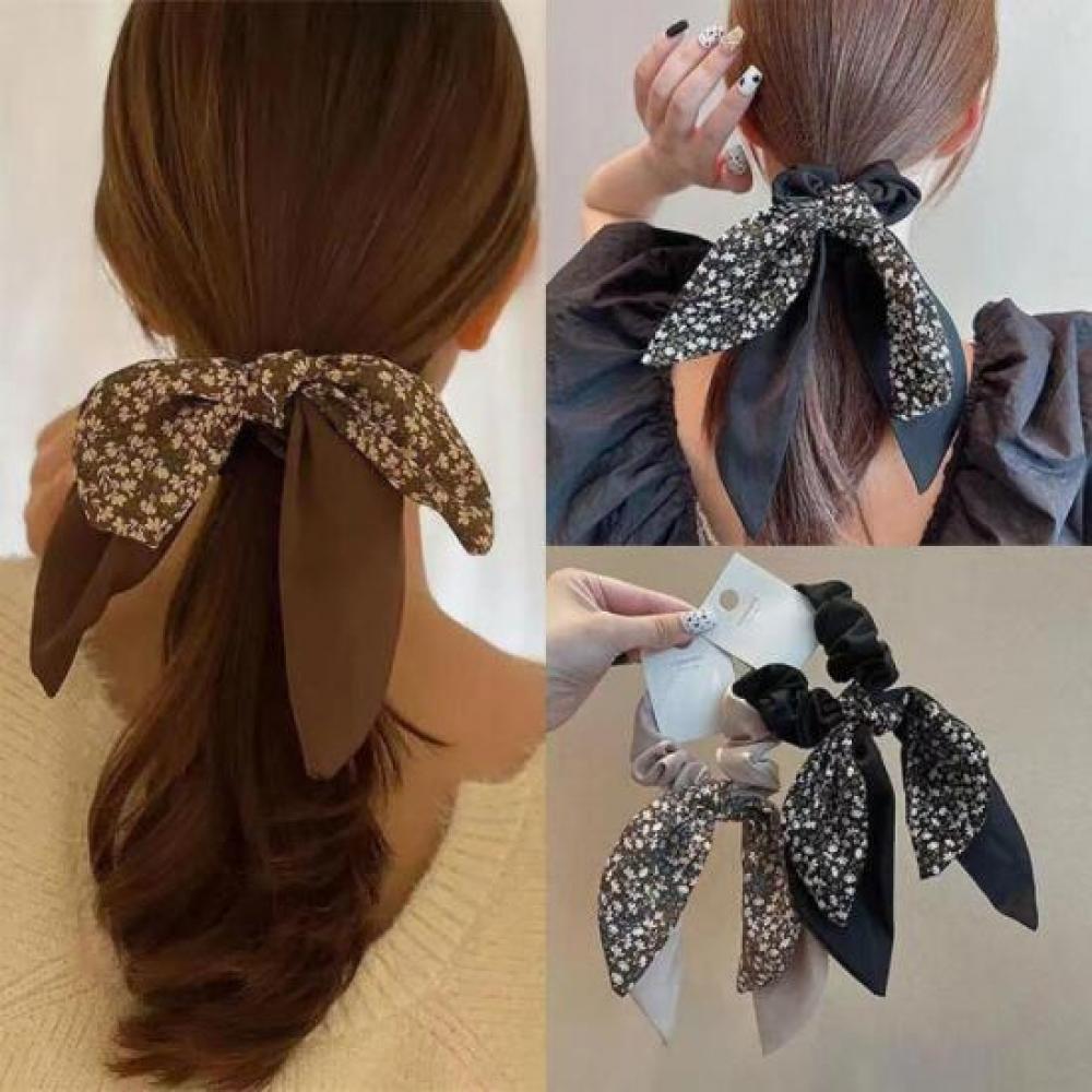 New Arrivals Open Run Flower Ribbon scRunchie Layered Silky Hair Tie