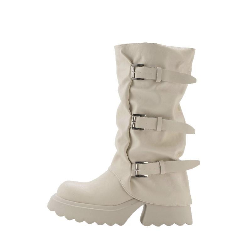 French Cream White Platform Short Boots Women's Medium Tube Pleated Trousers Stacking Boots 2025 Autumn Belt Buckle Retro Knight Boots