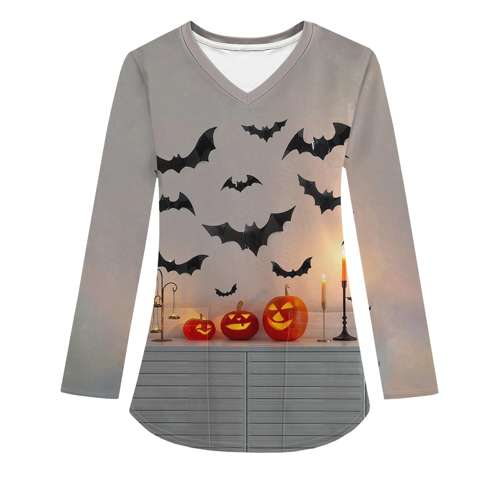 

Женская модная рабочая одежда с V-образным вырезом и длинным рукавом, с карманом, футболка с принтом на Хэллоуин S