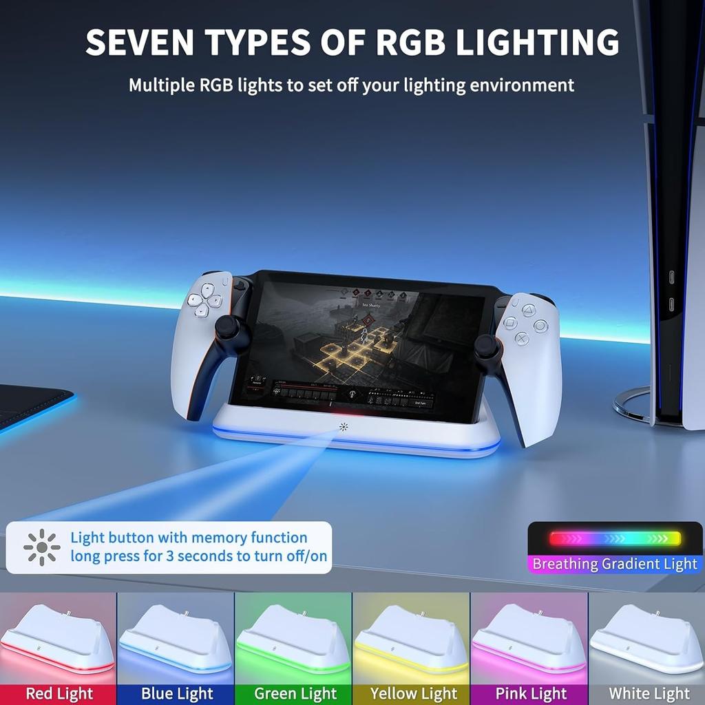 RGB Portable Charging Dock Charging Stand Station for PS5 Portal Consoles Accessories with 7 Lighting Modes and Type C Cable Quick Charging with Light