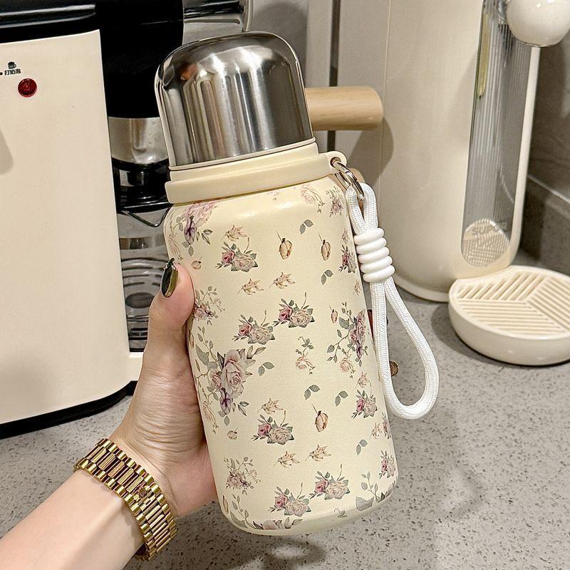 Large Capacity Rose Peony Retro Thermos Cup with Lanyard and Tea Separator