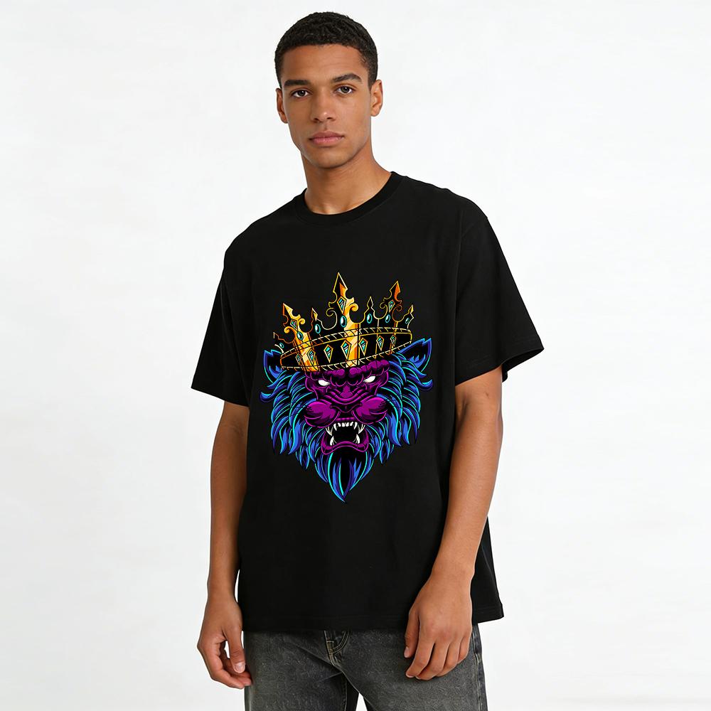 Purple Lion King Crown Graphic Cool Casual Loose Crew Neck T-Shirt Pure cotton T-shirt