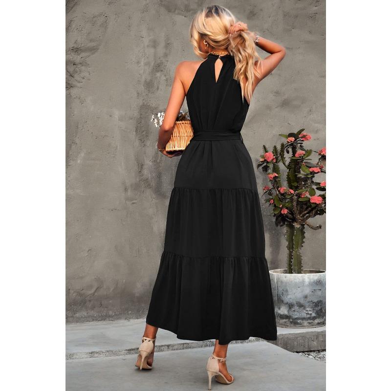 Fashion Sleeveless Summer Elegant Long Dress New Loose Casual Women Simple Office Solid Color A-line Party Dress Female Lace-up Holiday Women Clothing