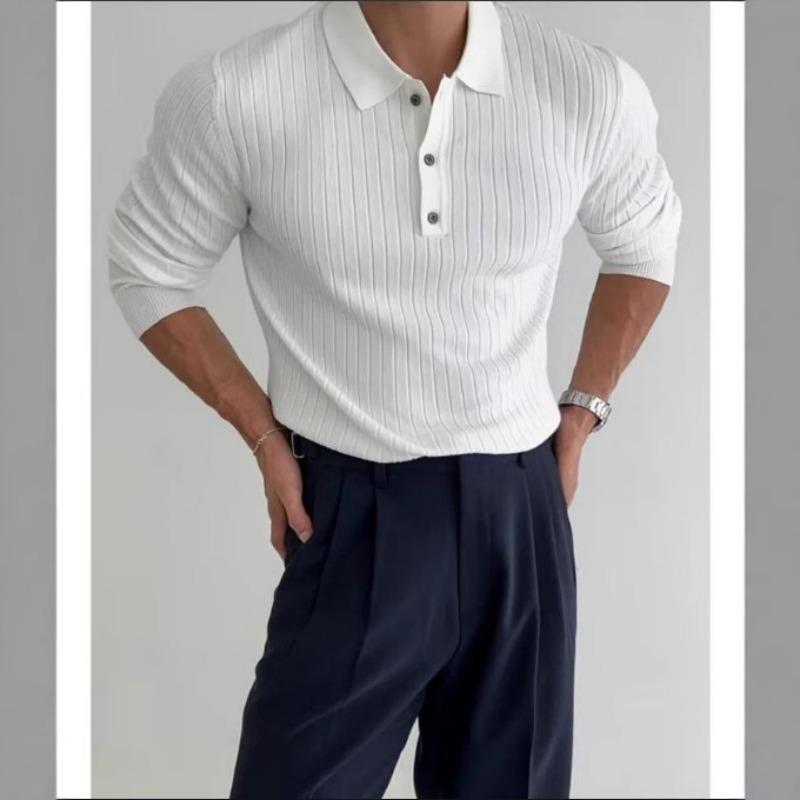 Spring Autumn Polo-neck Long Sleeve Knitting Pullover Top Male Casual Fashion Solid Bottomed Sweater Men